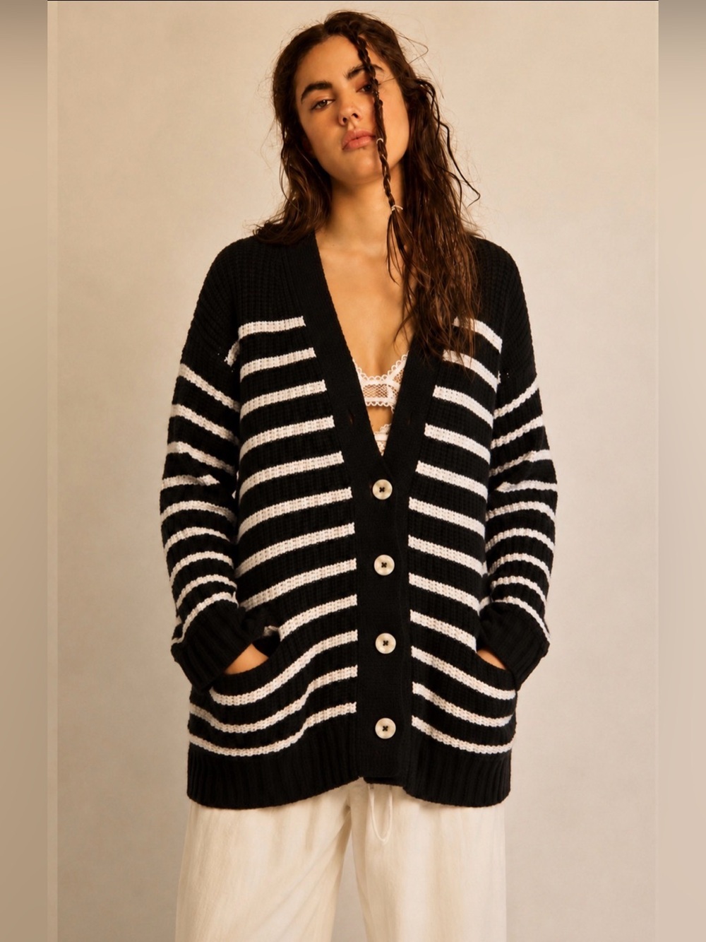 Sandrine Rose x Free People Grandpa Cashmere Wool Cardigan Black White Striped M